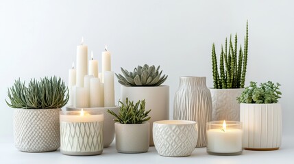 Aufkleber - Stylish home decor items like vases, candles, figurines, and small plants are neatly arranged on a white background, creating a chic display. Generative AI