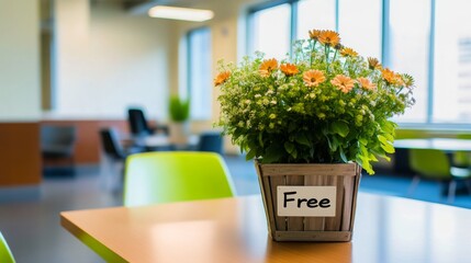 Poster - A vibrant flower arrangement sits in a wooden pot labeled 'Free' on a casual table in a contemporary workspace. Natural light filters through large windows, creating a cheerful atmosphere.