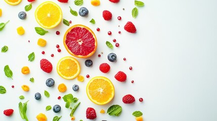 Poster - Bright fruits and vegetables display an appealing variety, showcasing fresh oranges, berries, and greens on a clean white surface. Generative AI
