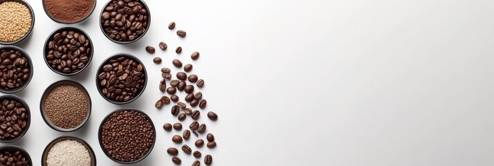 Leinwandbilder - A collection of coffee beans of different varieties is displayed on a white background, featuring ample blank space for text additions. Generative AI