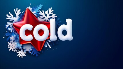 Wall Mural - Bright red star with the word 'cold' on a blue background adorned with snowflakes.