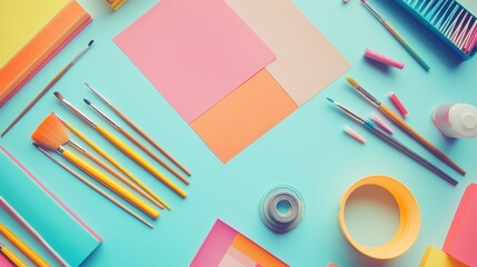Aufkleber - Brightly colored art supplies are arranged in a flat lay, featuring brushes, pencils, paper, and paints on a striking backdrop. Generative AI