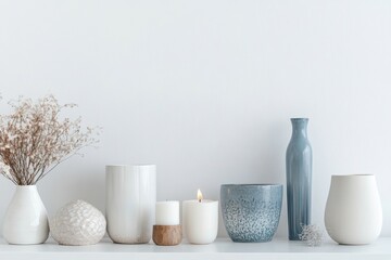 Aufkleber - A curated collection of vases, candles, and figurines combined with small plants is displayed against a clean white background, showcasing home decor. Generative AI