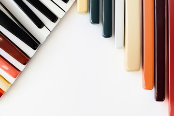 Poster - A collection of piano keys in various colors rests on a smooth white background, illustrating a creative blend of music and art. Generative AI