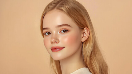 Wall Mural - Young caucasian female with long blonde hair and soft makeup on beige background