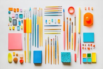 Aufkleber - Colorful assortment of art supplies including brushes, pencils, paints, and paper arranged aesthetically for artistic creation. Generative AI