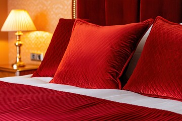 Canvas Print - Luxurious bedroom with rich red and terracotta tones featuring vintage wooden bed and elegant lighting