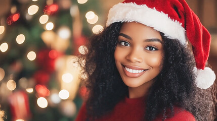 Beautiful happy smiling young Black woman in Santa Claus hat in home setting with decorated Christmas tree. Cozy festive interior