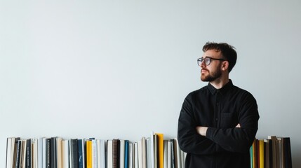 Aufkleber - Various books are lined up on a clean white backdrop as a person stands confidently next to them, observing thoughtfully and relaxed. Generative AI