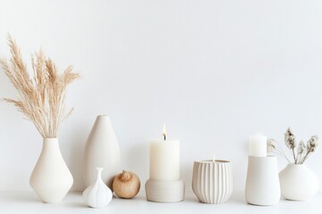 Aufkleber - A curated display of assorted home decor items including elegant vases, scented candles, and small plants arranged on a clean white surface. Generative AI