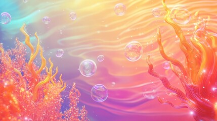 Wall Mural - Retro 70s wallpaper with bold coral neon bubbles and glowing underwater backdrop