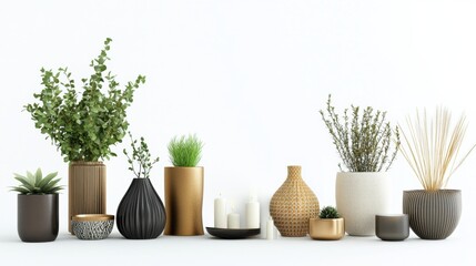Aufkleber - A stylish arrangement of elegant vases, decorative candles, and small plants on a white surface showcases modern home decor trends. Generative AI