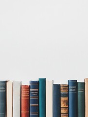 Poster - A collection of books from different genres arranged in a straight line against a clean white background emphasizing their colorful spines. Generative AI