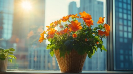 Aufkleber - A vibrant basket filled with orange flowers sits on a windowsill, bathed in warm light from the setting sun. The backdrop features tall buildings of a bustling city, creating a lovely contrast.