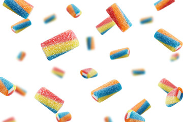 Wall Mural - falling gummy candy, isolated on white background, selective focus