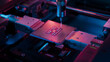 © IM Imagery - Advanced Microchip illuminated with Red Light in Industrial Environment. Computer Chip on Conveyor Line during Production and Packaging Process on Semiconductor Fab.