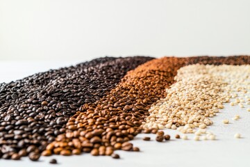 Leinwandbilder - Different types of coffee beans are spread out on a plain white surface, creating a visually appealing arrangement with empty space for text. Generative AI