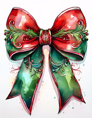 Wall Mural - A festive red and green bow with intricate details, rendered in a watercolor style