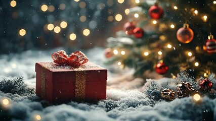 Sticker - Christmas mockup of a blank gift box on a snow-covered ground, with twinkling lights, festive decorations, and a decorated Christmas tree nearby. . 4K Video