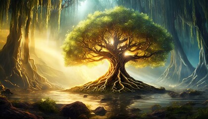 Wall Mural - Tree of LIfe in the Light 3d rendering, concept art, fantasy art, very detailed, close-up