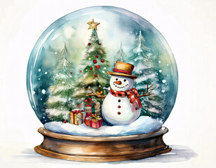 Wall Mural - A cheerful snowman stands amidst snow-covered trees inside a snow globe, ready to spread winter cheer