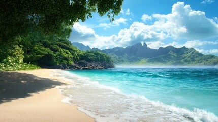 Wall Mural - a serene beach scene featuring turquoise waters, soft sand, lush greenery, and mountains under a bri