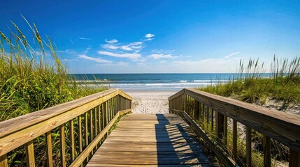 Wall Mural - a wooden walkway leads to a serene beach, framed by lush grass under a bright blue sky with scattere