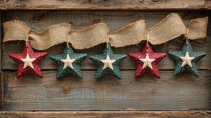 Wall Mural - Five festive stars in red and green hang elegantly on a rustic wood background, adorned with a burlap ribbon for a charming holiday touch.