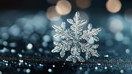 Canvas Print - Minimalist close-up of a single snowflake on a dark surface, with intricate details and soft shadows capturing the delicate beauty of winter, . 4K Video