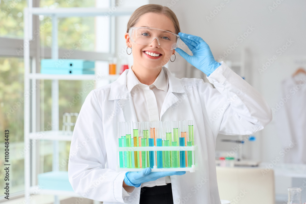 Female chemist with test tubes in laboratory