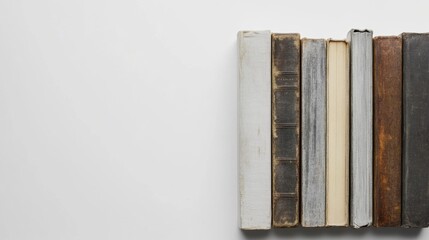 Poster - Books from different genres are lined up in a neat arrangement against a white background, emphasizing their unique designs and colors. Generative AI