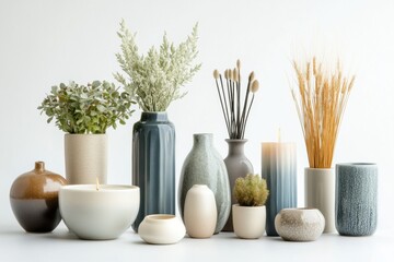 Poster - A curated display of vases, candles, and plants on a white backdrop creates an inviting atmosphere, showcasing elegant decor. Generative AI
