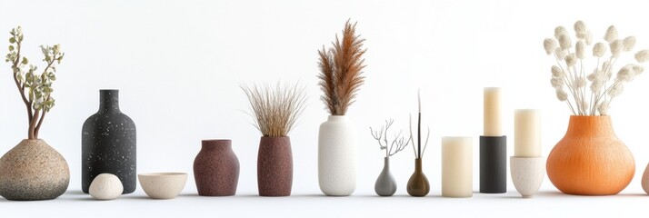 Poster - Charming collection of vases, candles, figurines, and small plants creates a tranquil and elegant atmosphere on a clean white backdrop. Generative AI