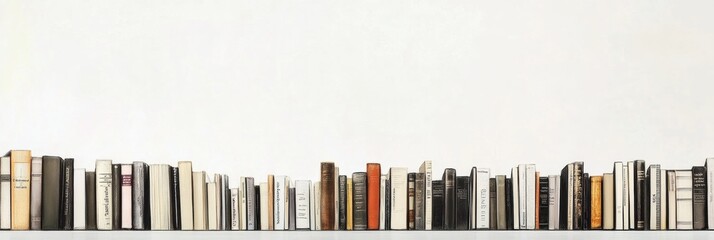 Poster - Books of different genres are neatly arranged on a white background, showcasing diverse covers and spines in an organized manner. Generative AI