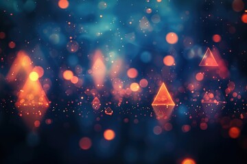 Wall Mural - Abstract background with glowing orange triangles and bokeh lights in a dark blue space.