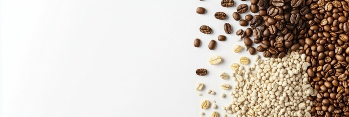 Poster - Various kinds of coffee beans are spread across a clean white surface, offering blank space for creative design and flavor exploration. Generative AI