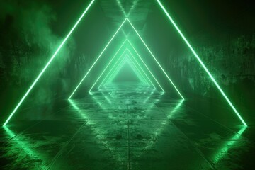 Wall Mural - Green neon lights illuminate a futuristic  triangular corridor with a grunge aesthetic.