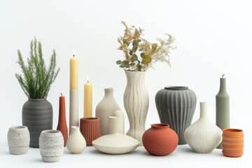 Aufkleber - A diverse collection of vases, candles, and small plants is beautifully arranged against a crisp white background, showcasing home decor charm. Generative AI