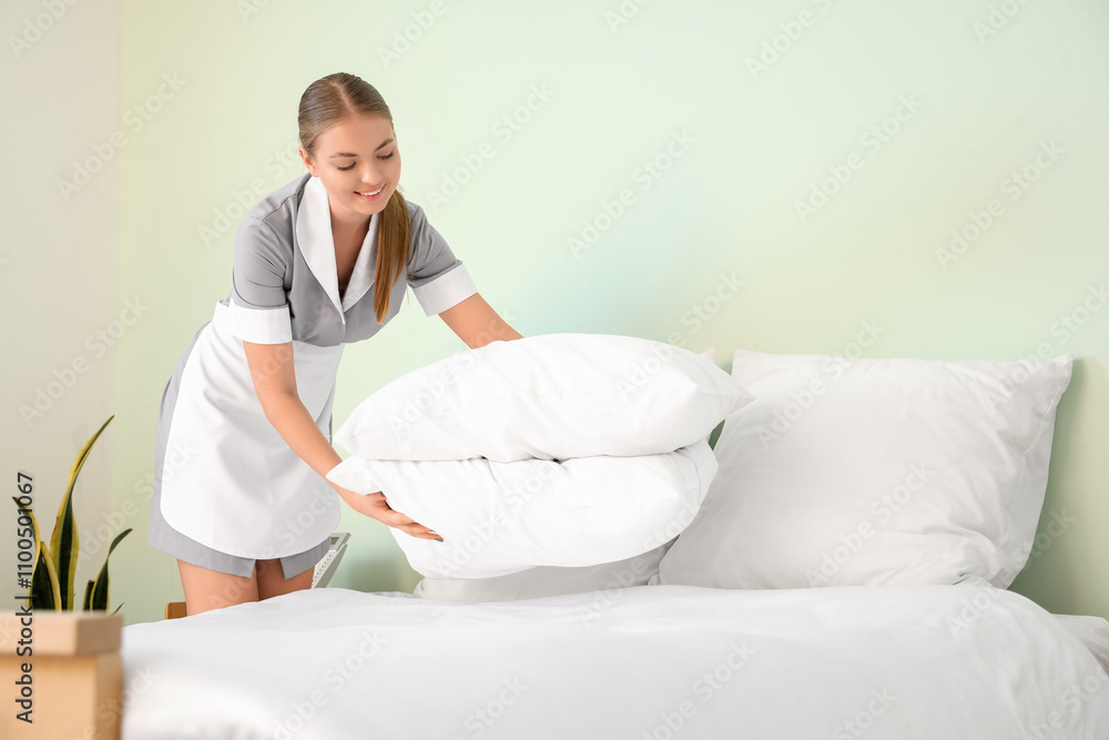 Young housemaid putting pillows on bed in bedroom