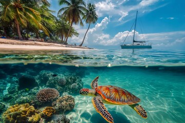 Wall Mural - tropical beach with palm trees, white sand and clear blue water with colorful coral reef, turtle and
