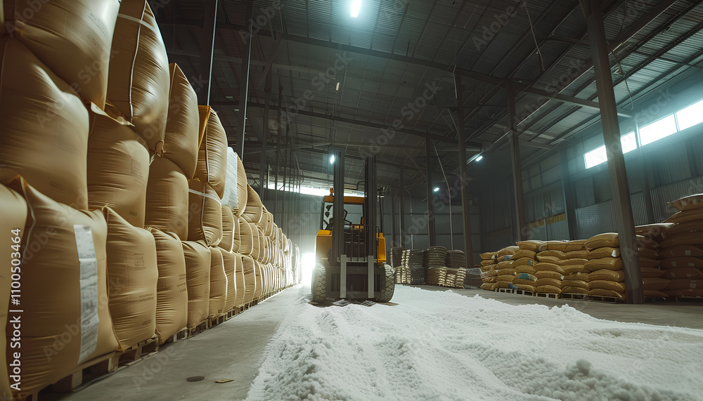 Forklift stacking up sugar bag inside warehouse, sugar warehouse ...