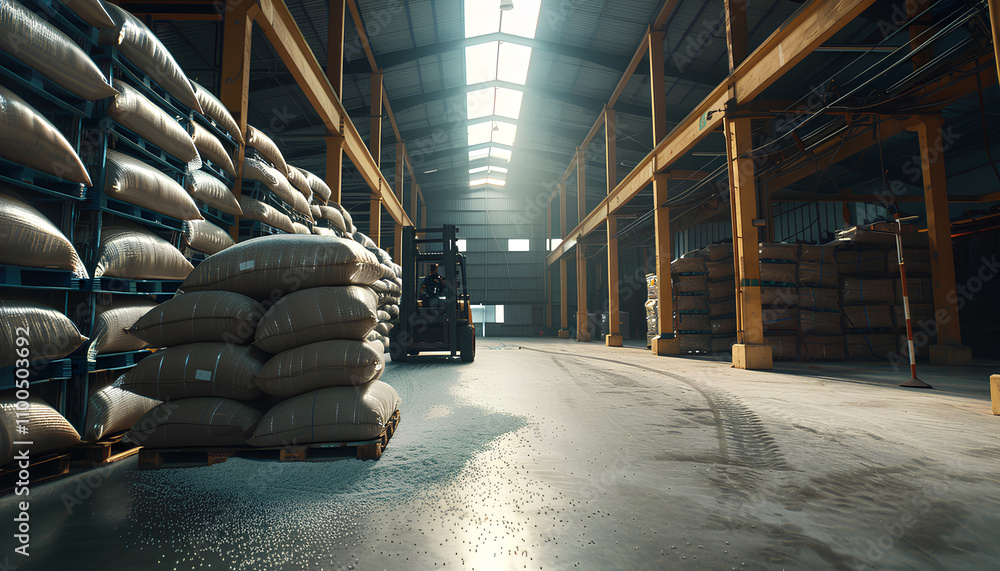 Forklift stacking up sugar bag inside warehouse, sugar warehouse ...