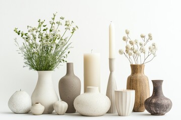 Aufkleber - Elegant home decor items like vases, candles, and small plants on a clean white background create a tranquil atmosphere. Generative AI