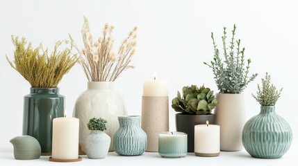Aufkleber - A beautiful assortment of vases, candles, and small plants is artfully arranged to enhance home decor in a minimalist style. Generative AI