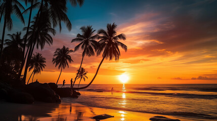 Wall Mural - silhouetted people and palms near sea. sunset at tropical white beach, boracay island, philippines. 