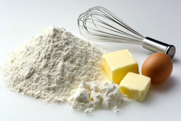 Poster - Flour, eggs, butter, and a whisk are neatly arranged, creating a perfect setup for baking activities with clear space for additional text. Generative AI