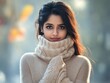 © Vadym - Attractive young Indian woman poses indoors. Wears warm sweater, looks directly at camera. Smiling, appears content. Winter style casual attire. Indoors shot. Happy expression. Trendy fashion look.
