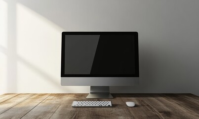 Wall Mural - minimalist home office with a desktop computer and decor on a wooden desk. modern workspace setup in