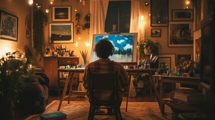 Aufkleber - A person sits in a chair, facing a large canvas. The room is filled with artwork and art supplies. The artist is painting a scene of a forest under a blue sky.