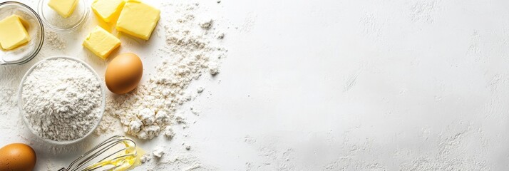 Poster - Baking essentials such as flour, fresh eggs, butter, and a whisk are arranged on a white surface with space for text, ideal for recipes. Generative AI
